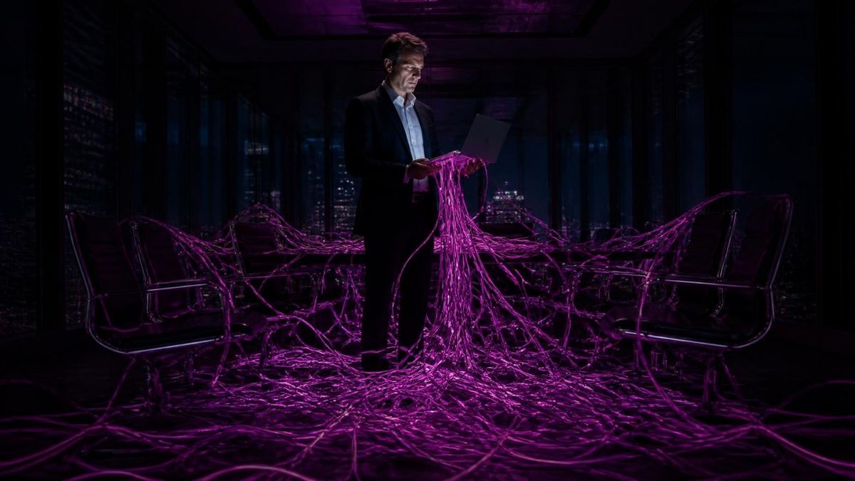 Manager holding a laptop with tangled glowing cables spilling across a boardroom