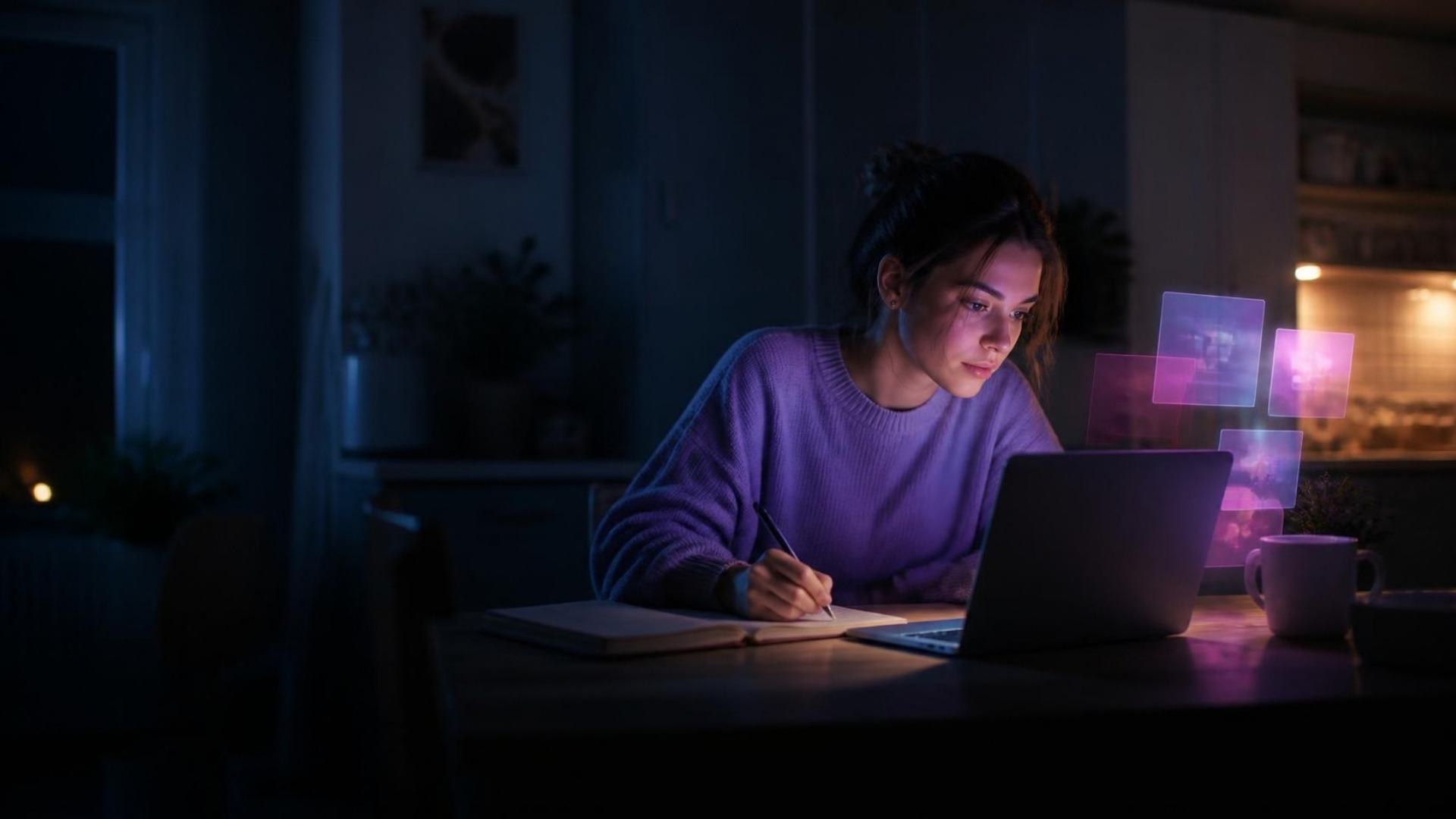 Woman studying at her kitchen table at night with a laptop