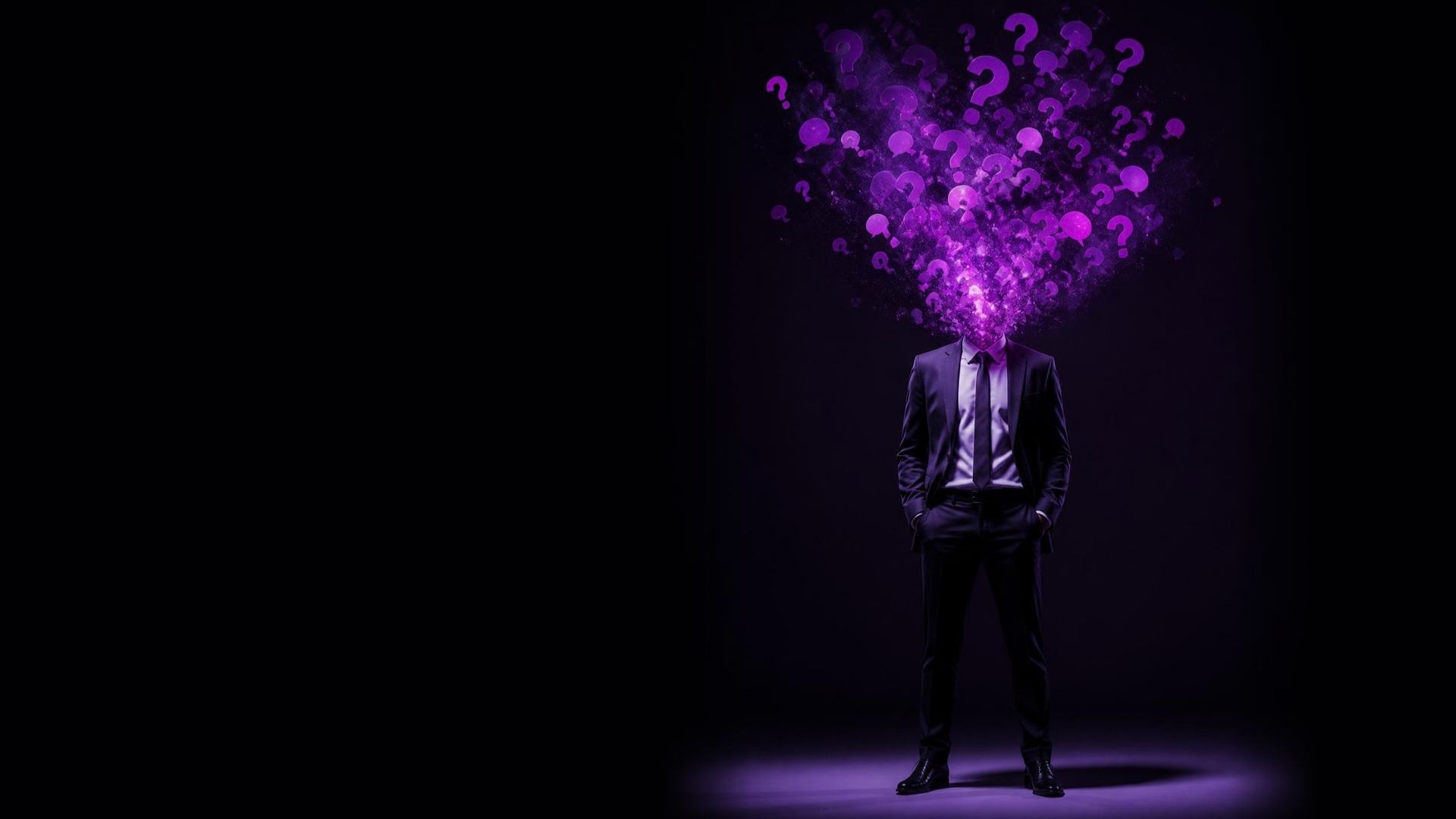 Man in a suit whose head is a cloud of glowing question marks